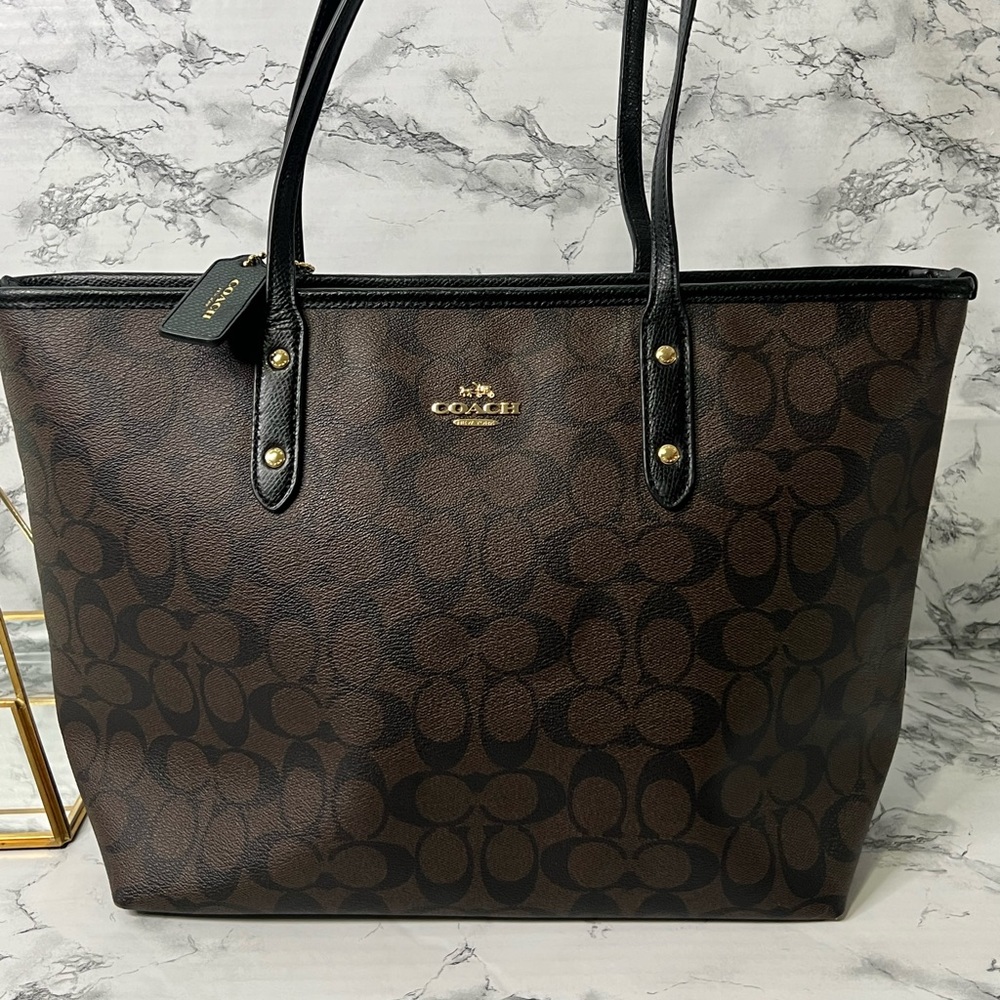 Coach Brown Coated Canvas Large Zippered Tote Bag with Black Strap